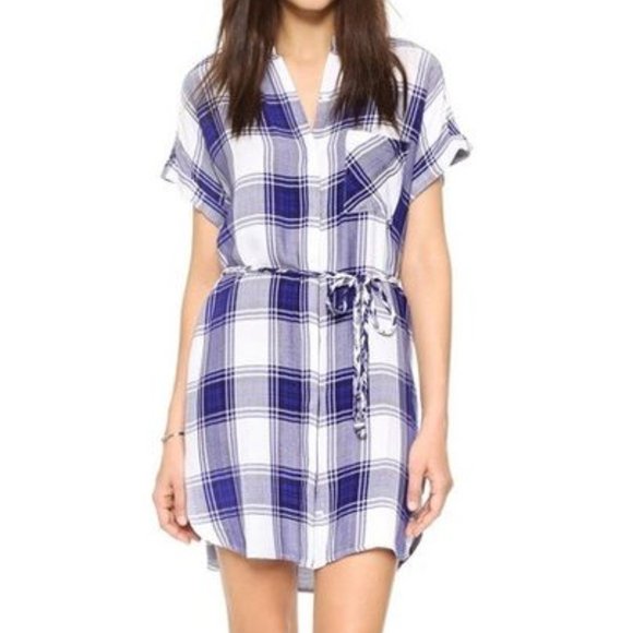 Rails Savannah Button Down Plaid Flannel Shirt Dress in Cobalt Blue & White - Picture 1 of 16